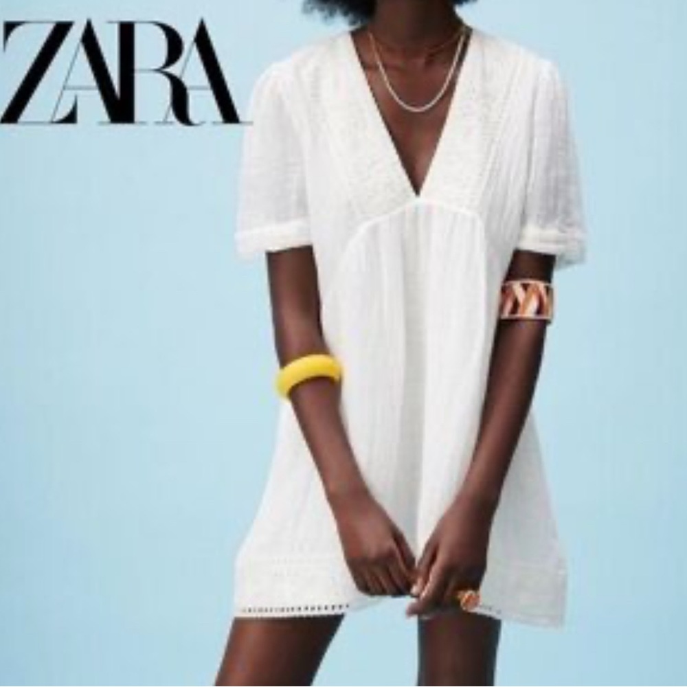 Zara White Mini Tunic Embroidered V-Neck Dress